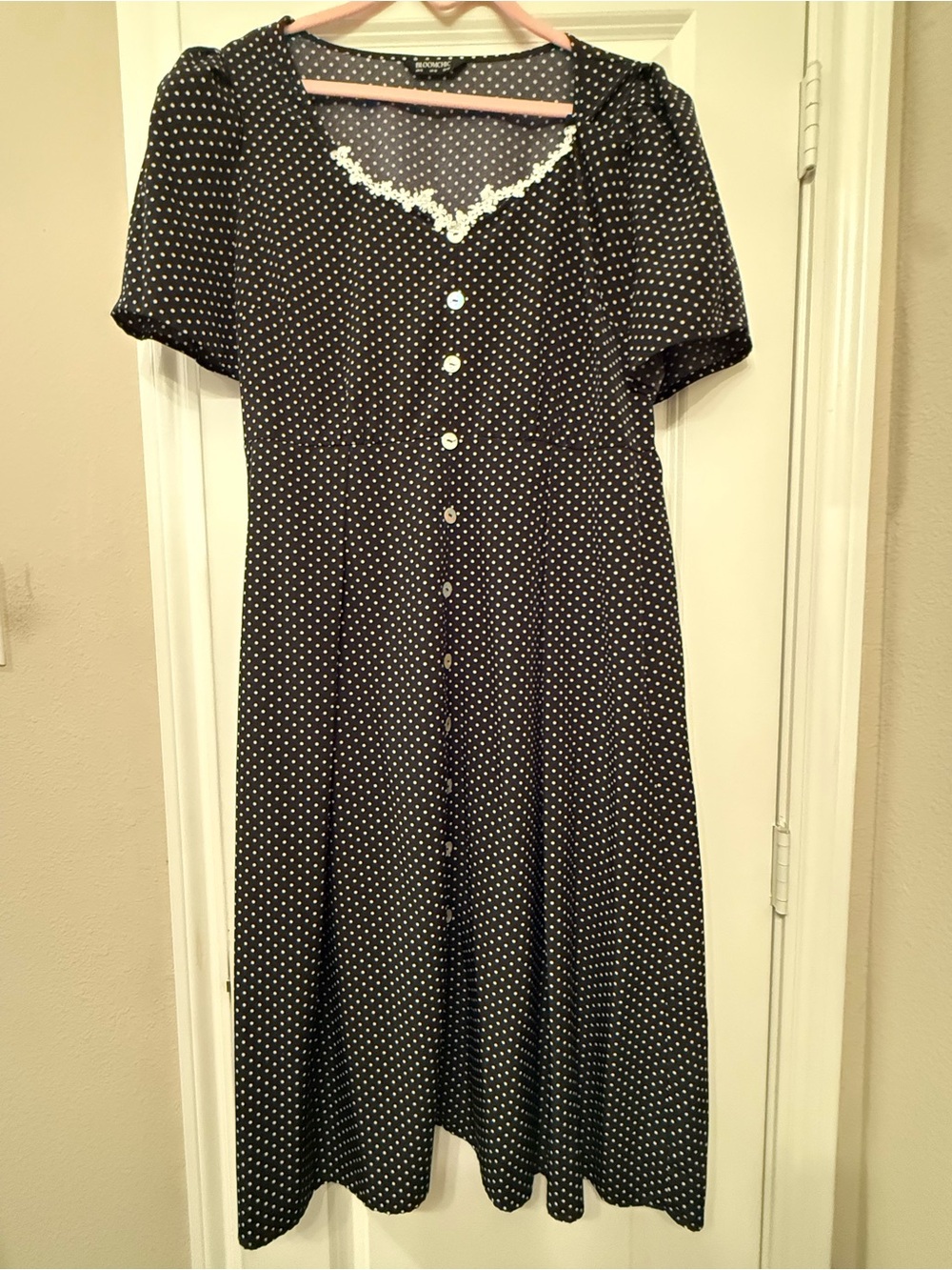 Beautiful BloomChic Black and White Polka Dot Button-Front Midi Dress